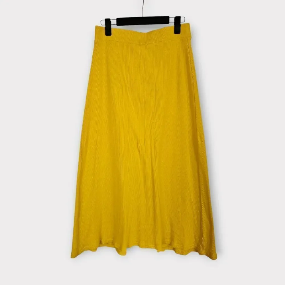 Free People Beach Ribbed Stretchy Back Slit High Waist Midi Skirt in Yellow M